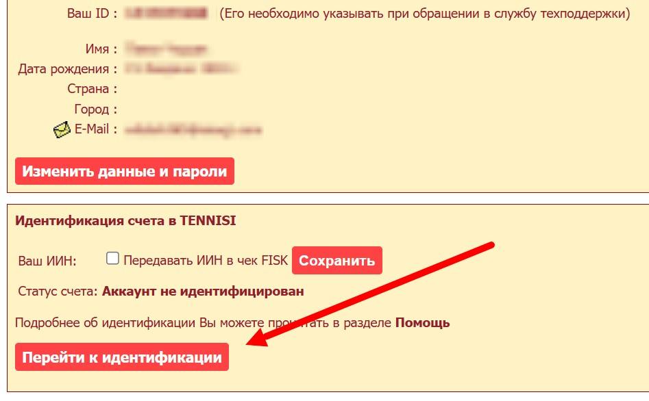 Кнопка для перехода к идентификации в личном кабинете клиента Тенниси